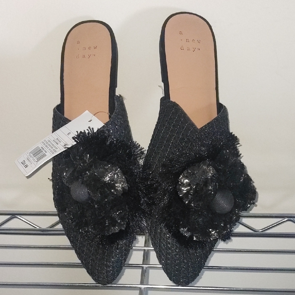 A New Day Black Textured Mules with Pom-Pom Detail
